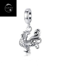 Sterling Silver 925 Charm Rooster Chicken Bird Animal Dangle Pendant - Family
