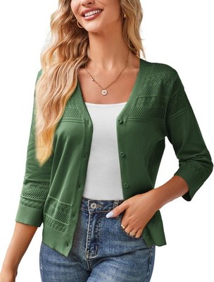 Women's Cropped Cardigan 3/4 Sleeve Lightweight Knit Crochet Shrug Sweater