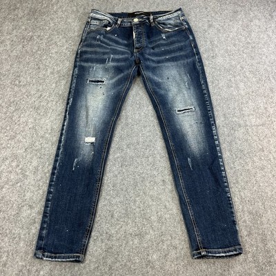 Alessandro Zavetti Mens Jeans Skinny 32 30 Distressed Paint Splatter Dark Wash