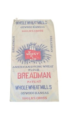 Vintage Whole Wheat Mills Oswego Kansas 100 LB Flour Sack Empty Small Stains