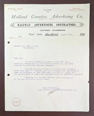 1926 Midland Counties Werbung Co Eisenbahnunternehmer Sheffield Brief