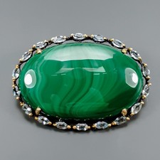 Ręcznie robiona broszka z naturalnego malachitu 80 ct + 925 srebro szterlingowe /NB30773