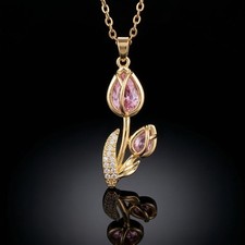 Collana in acciaio inox con ciondolo tulipano rosa zirconi fiore catenina donna regalo nuova