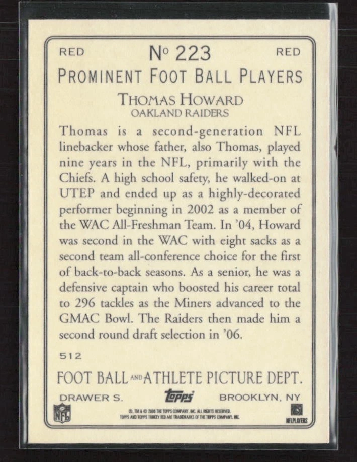 2006 Topps Turkey Red #223 Thomas Howard Red Oakland Raiders (H) - Image 2 of 2