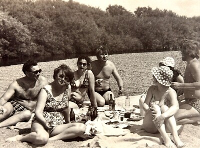 Bikini Vintage Snapshot Photo 1970s Women Men Picnic Soviet Beach B&W Original