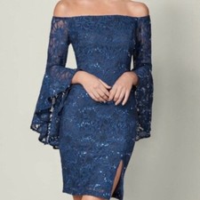 NWT Venus Women’s Off The Shoulder Lace Sequin Bodycon Mini Dress Blue Size 2