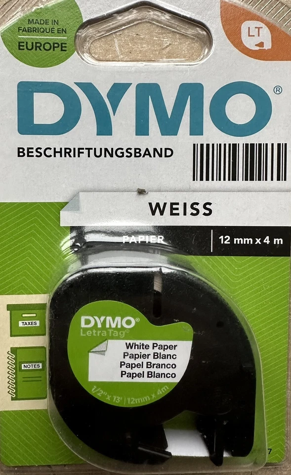 DYMO Etiketten Beschriftungsband Labelmaker weiss Papier 12 mm x 4 m 1/2" x 13