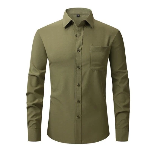 Men's Stretch Slim Fit Button Up Long Sleeve Solid Color Dress Shirt Formal Tops - Picture 24 of 39