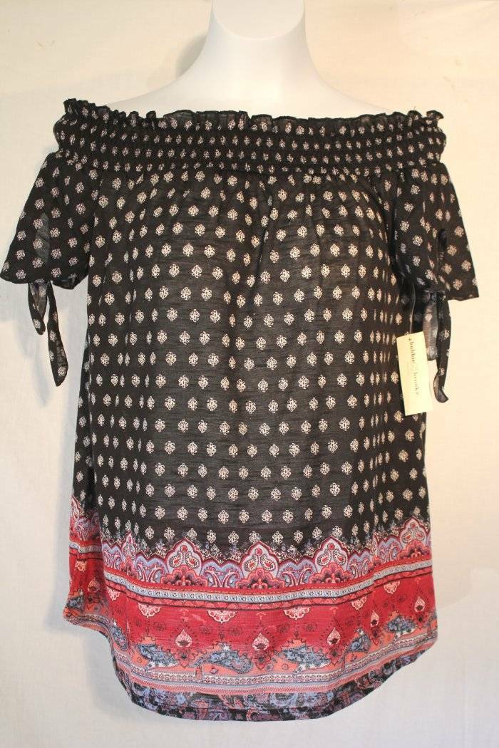 NEW Womens Peasant Blouse Large Top Black Off Shoulder or T-Shirt Tie Sleeves