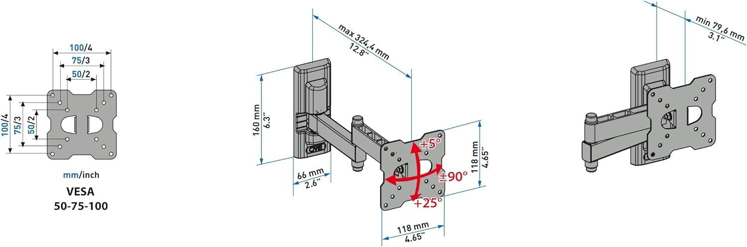 Meliconi 14" bis 25" TV-Wandhalterung mit Doppelarm Neigbare TV-Halterung VESA