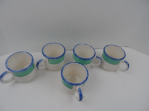 Pier 1 Green Band Speckled Blue Rim & Handle White Green Mugs 3.5"- Lot of 5 - Picture 3 of 4