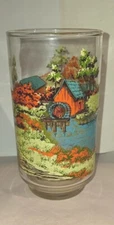 Vintage Libbey Covered Bridge Country Barn Scene Ĝlass Tumbler Multi Color 
