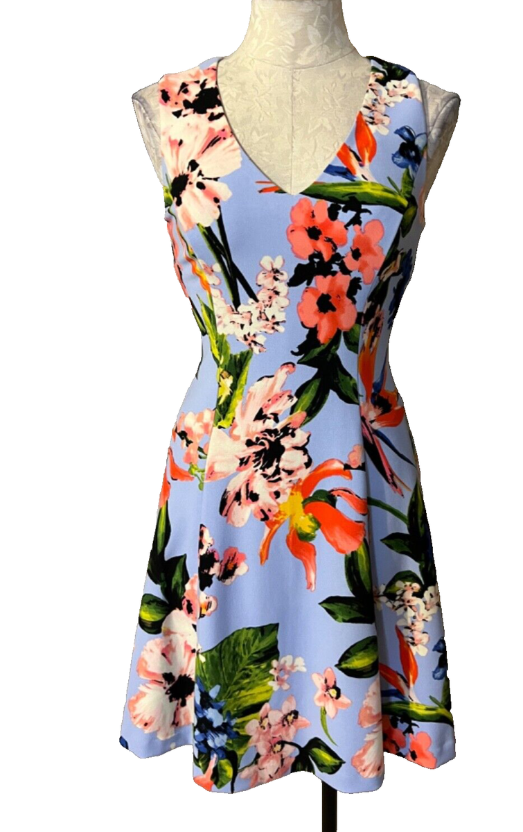 Vince Camuto Dress 4 Blue Floral A Line Stretch Career Church Washable NEW