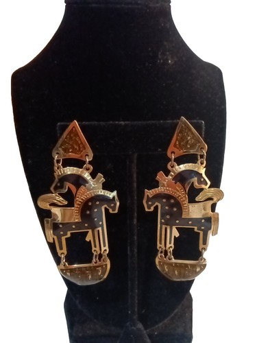 Vintage Edgar Berebi Black Gold Horse Stallion Dangle Earrings Enamel - 第 1/10 張圖片