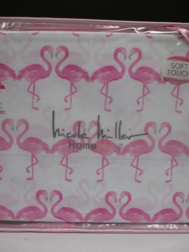 NICOLE MILLER Kids Girls 100% Cotton White Pink Flamingo Sheet Set - Twin
