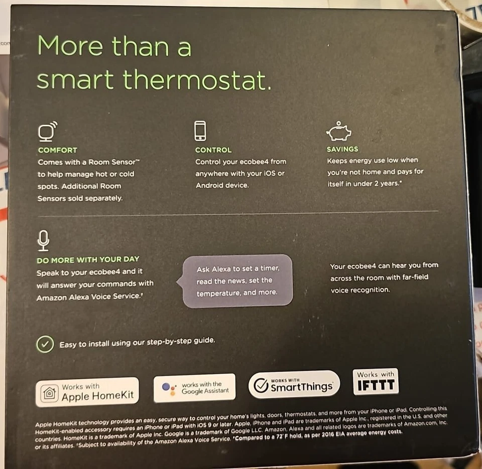 Ecobee4 Smart Programmable Thermostat -Room Sensor Included Black (EB-STATE4-01) - Image 2 of 4