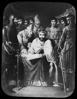 KING JOHN OF ENGLAND SIGNING THE MAGNA CARTA C1890 Magic Lantern Slide
