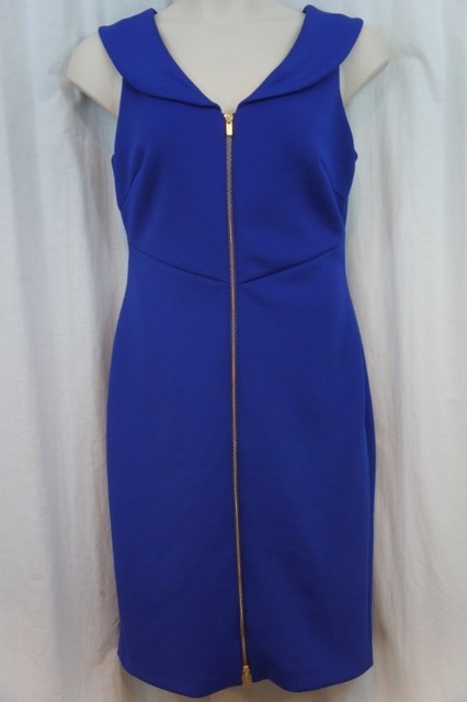 Calvin Klein Scuba Royal Blue Dress Exposed Gold Zipper Size 2 Calvin Klein Dress Sz 12 Atlantis Blue Front Zip Scuba Sleeveless Tail