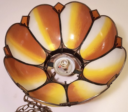 VINTAGE STAINED GLASS SWAG LAMP 1960s PARLOR POOL TABLE LIGHT ORANGE YELLOW - Picture 4 of 6