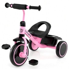 Pink Kids Tricycle Toddler Trike W/ Adjustable Seat Storage Basket 3 Wheel Bike