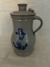 Rowe Pottery Works Salt Glazed Storm Jug with Handle Blue Leaf Design 2000
