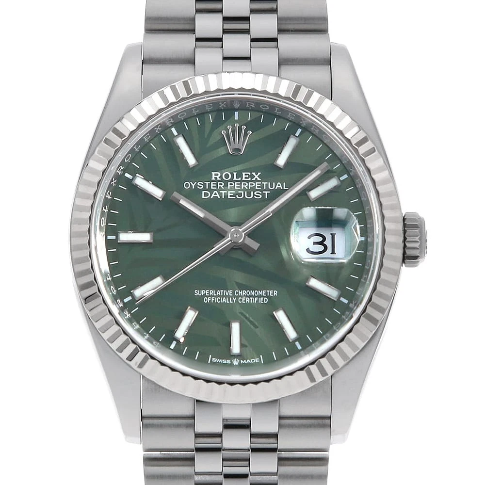 Rolex — ROLEX DATEJUST 36 126234 Olive green Palm Motif Bar 5 Row Jubilee Bracelet R...