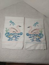 2 Vintage Linen Hand Kitchen Tea Towels Cross Stitch Swans Dragonflies READ