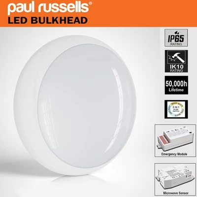 PAUL RUSSELLS LED Bulkhead 3000k, 4000k, 6500k IP65, Emergency & Microwave Sensor 12-16-20W