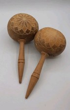 Hand Made Gourd Maracas Cuban Folk Art Carved Vintage Musical Instrument