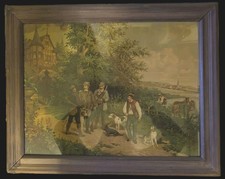 Alter Jagd-Druck um 1900 – Jägergruppe mit Hunden – großer Holzrahmen – Vintage