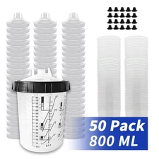 50 Pack CUPS Disposable Paint Spray Gun Cup Liners and Lid System 27oz.(125 Mic)