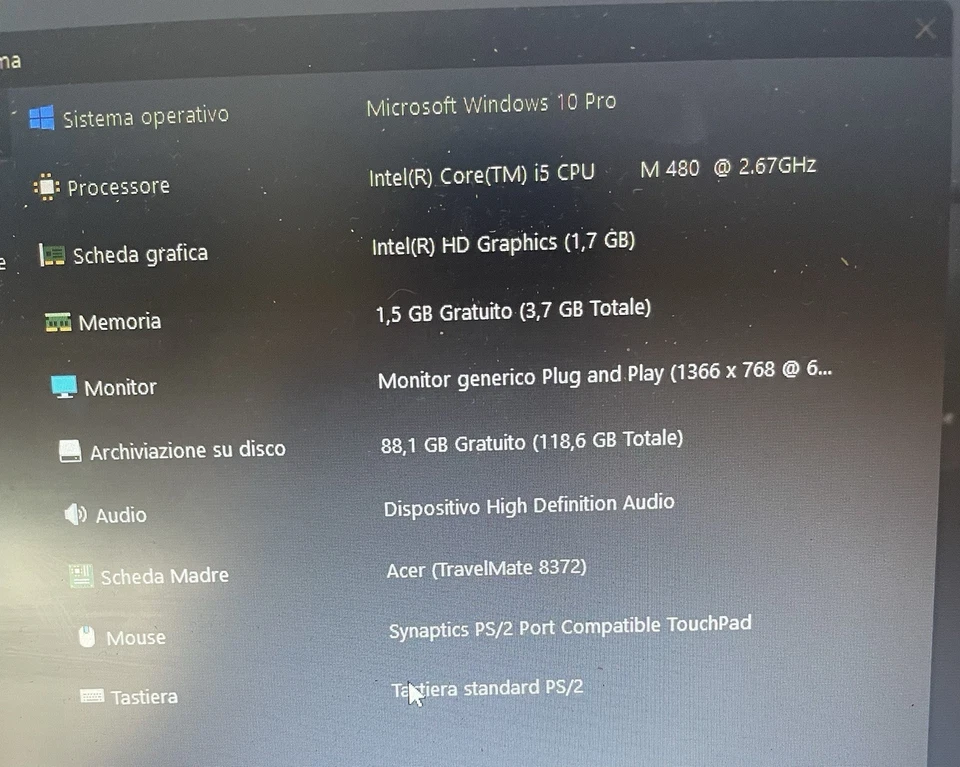 Acer TravelMate TM8372 i5 SSD 128gb ram 4gb Window 10 Pro Alimentatore Originale - Immagine 2 di 4