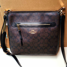 Coach Signature Monogram Brown Black Medium Crossbody Zip Bag Gold Hardware