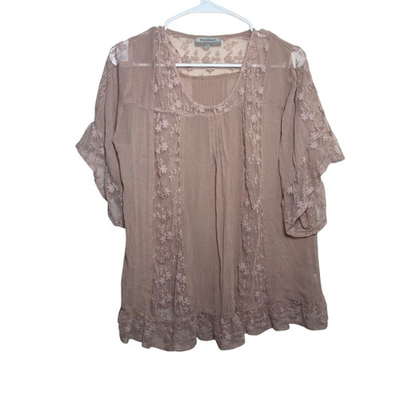 #ad World Market Blouse Women#x27;s S M Brown Lace Mesh Emrboidered Top Boho Shirt $6.44