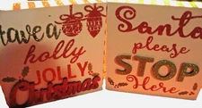Set 2)  Christmas Wood Signs Decor Santa Stop & Holly Jolly..🎅🏻 Glitter    252