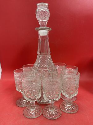Anchor Hocking Wexford Diamond Decanter Set & 8 Stemmed Cordials Barware Liquor 
