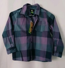 BRAND NEW Boy's Quicksilver Plaid Purple Long Sleeve Button Front Shirt Sz 6