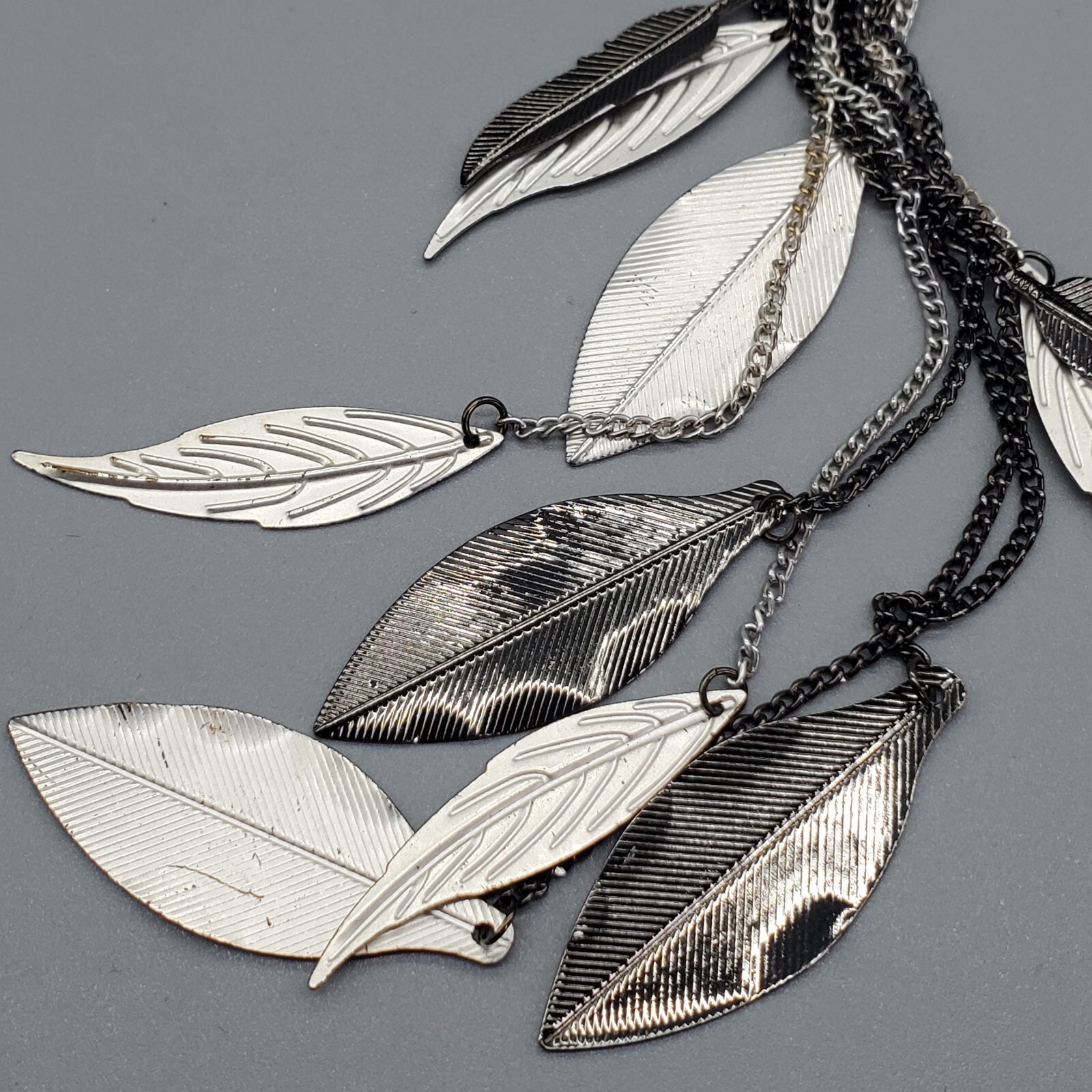 Leaf Tassel Statement Necklace Multistrand Gunmet… - image 4