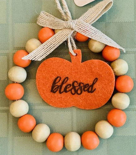Pumpkin Blessed Fabric Wood Bead Wreath Fall Autumn Harvest Tier Tray Sign NEW - Picture 3 of 9