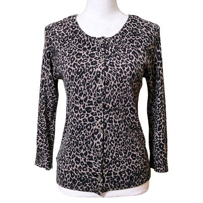LOFT Leopard Print Cardigan Sweater 3/4 Sleeve XS Soft Cotton Modal Blend