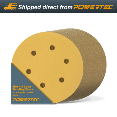 POWERTEC 45208G-50-P2 6-Inch 6 Hole 80 Grit Hook and Loop Sanding Discs, 100 PK