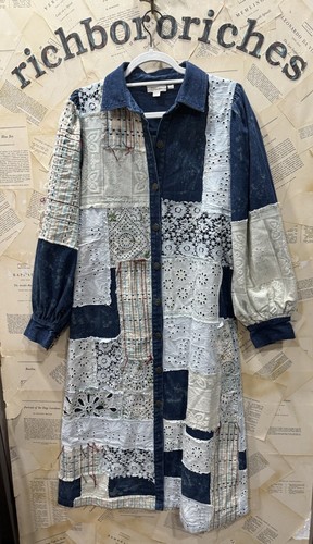 Anthropologie Let Me Be Denim Patchwork Shirt Dress Coat Lace Blue Motif S NEW - Picture 4 of 5