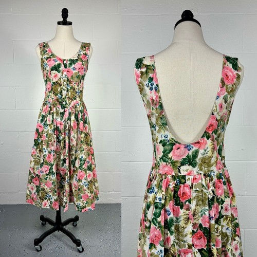 Vintage 90s Pink Gold Bicolor Rose Floral Tea Dress Plunge Back Basque ...