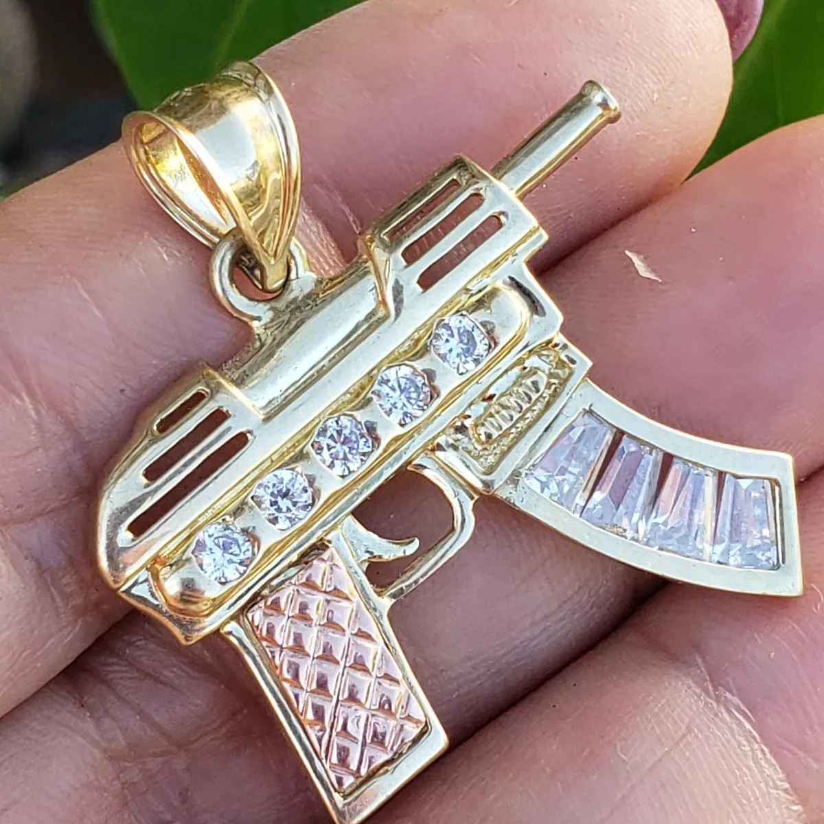 solid 10k gold uzi machine Gun Pendant 1.50 inch baguettes tri