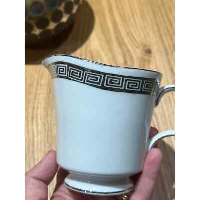 Harmony House White Creamer Cup - With Silver Greek Key Detail