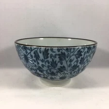 Japanese Rice Soup Bowl 4.25"D Ceramic Blue Kiku Floral Leaves Made in Japan
