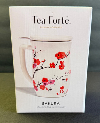 Tea Forte Ceramic Fiore Cup Removeable Stainless Infuser Basket Handle Lid NEW