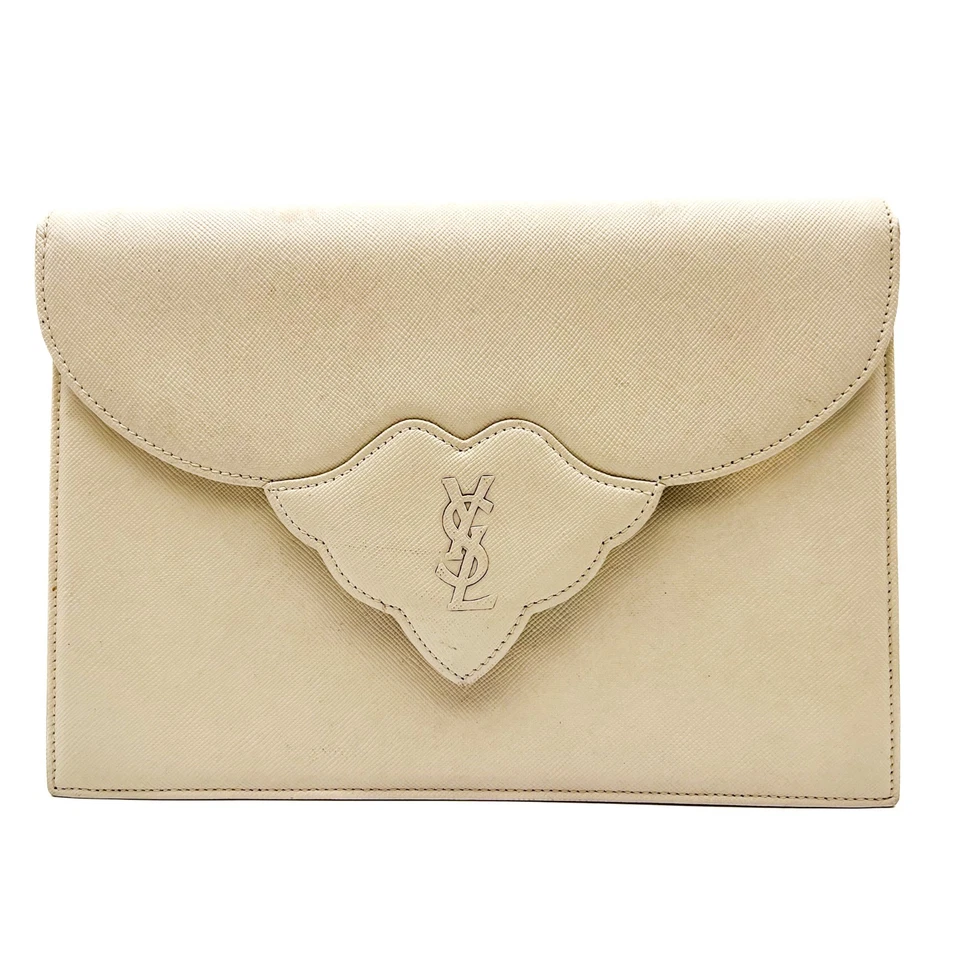 Auténtico bolso clutch de cuero vintage Saint Laurent YSL marfil Foto 3 de 4
