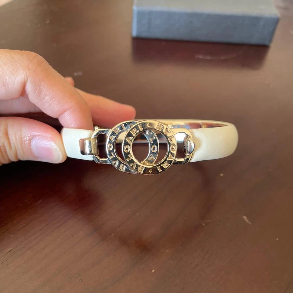 BVLGARI Doppio Tondo Bracelet White Light Gold Calf Leather Bangle Accessories - Image 2 of 4