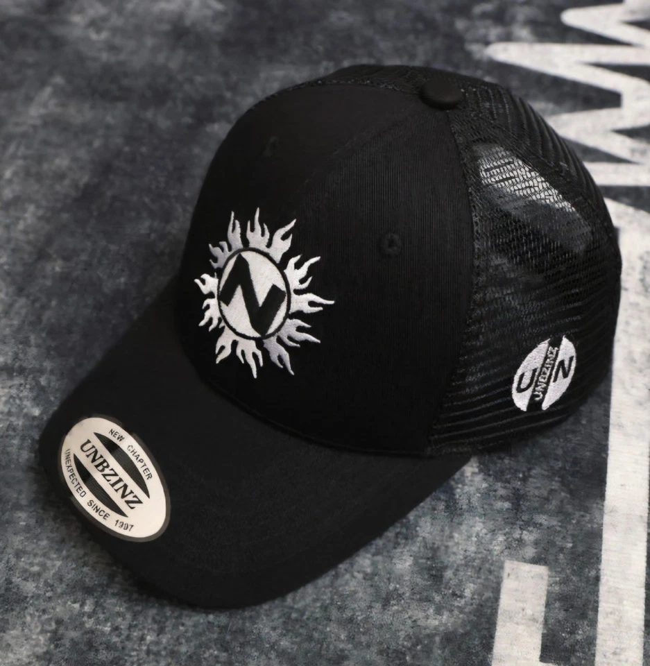 UNBZINZ Black Trucker Hat Sun Flame Embroidered Logo Mesh Snapback Cap Y2K Retro - Image 4 of 4
